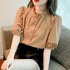 Kvinnors blusar Chiffon Woman Shirts Summer 2023 Stripes Loose Short Hidees Lace Top O-Neck Ladder Patchwork Clothing Ycmyunyan