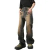 Men's Jeans Adjustable Waist Khaki Washed Men Loose Casual Vintage Wide Leg Denim Pants Male Streetwear Baggy Trousers