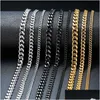 Chains Cuban Chain Necklace For Men Women Basic Punk Stainless Steel Curb Link Chokers Vintage Gold Tone Solid Metal Collar Drop Del Dh7Sk