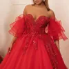 Party Dresses Charming Sweetheart Red Evening Dress Unique Design Short Sleeve A-line Prom Gown