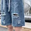 Jeans voor heren, denim shorts, briefborduurwerk, gescheurd gat, korte dames, wijde pijpen, hiphop, trekkoord, vintage broek, zomer