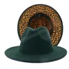 Extérieur vert intérieur léopard Patchwork laine feutre Jazz Fedora chapeaux femmes hommes hiver vert Panama deux tons fête chapeau formel