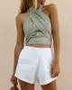 Kvinnors tankar Cami Criss Cross Tank Summer Tops Sexig ärmlös halterhals Topp Solid färg Crop Bandage Vest Kvinnliga outpläder 230727