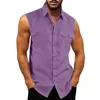 Mäns västar Summer Top Shirt Men Tank stänger av krage ärmlösa skjortor Pocket Imitation Linne Slim Fit For Streetwear 230727