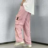 Men's Pants Fashion Pink Cargo Tracksuit Elastic Waist Oversize Men Y2K Side Big Pocket Straight Casual Women Baggy Long Trousers