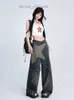 الجينز للسيدات Houzhou Grunge Y2K Babed Jeans Retro Retro Hippie Wide Leg Brousers 90s Fashion American Retro Punk Z230728