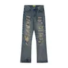 Jeans da uomo Hip Hop Patchwork Mens Wide Vintage Broken Hole Washed Jean Flare Pant Streetwear Pantaloni di jeans distrutti pesanti indossati