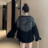 Kadın Ceketleri Sonbahar Kadın Denim Ceket Elle Çıkarılmış Perçin Püskül Palto Patalı Kadın Kot Ceket Gevşek Siyah Katlar Dış Giyim 230727