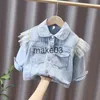 Jacken Frühling Herbst Mode Mädchen Denim Jacke Falbala Volle Hülse Cartoon Katze Stickerei Casual Kleinkind Mädchen Spitze Bogen Jean Tops Outwear J230728