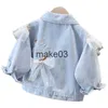 Jacken Frühling Herbst Mode Mädchen Denim Jacke Falbala Volle Hülse Cartoon Katze Stickerei Casual Kleinkind Mädchen Spitze Bogen Jean Tops Outwear J230728