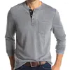 Herren-Freizeithemden, Henley-Kragen, langärmelige T-Shirts, solides Oberteil, einreihiges Taschen-T-Shirt, weiches, bequemes Bodenshirt für den Herbst