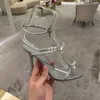 Sandaler Öppen tå Bow-Knot Detalj Rhinestone Stiletto klackar Strass Straps Ankel Buckle Hollow Slingback T-bundna sommarskor Skor