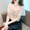 Kvinnors T-skjortor Beading Diamond Bow Short Sleeve T-shirt 2023 Sweet Lace Ruffle vackra toppar damer enkla vita o-hals tees trend