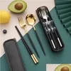 Dinnerware Sets Gold Portable Stainless Steel Spoon Cutlery Set 3Pcsor4Pcs Fork Alloy Chopsticks Work Travel Box Wedding Gift Drop D Dh8If