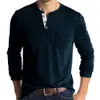 メンズカジュアルシャツヘンリーカラー長袖Tシャツソリッドトップシングル胸肉ポケットTシャツソフト快適なボトムシャツ230727