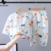 Pajamas Kids Boys Girls Summer Cotton Linen Thin Cartoon Threequarter Sleeve Tops with Pants Baby Sleeping Clothing Sets 230728