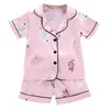 Pajamas Kids Set Leopard Silk Satin Boys Girls Sleepwears Outfits Short Sleeve Blouse TopsShorts Sleepwear 230728