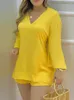 Survêtements pour femmes Plaine Bell Sleeve V-Neck Top Shorts Set Casual Women Two Piece