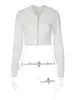 Kvinnors hoodies tröjor Allneon Y2K Eesthetic Vintage Basic Zip Up White Croped 2000s Fashion Big Pockets Front Hooded Long Sleeve Sweats Cute 230728