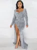 Abiti casual KEXU Moda paillettes scollo a cuore manica lunga abito longuette aderente con spacco laterale alto per le donne sexy ballo di fine anno maxi