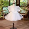 Abiti da ragazza Semplici ragazze di fiori con paillettes O-collo Abito da ballo Bow Princess Vestidos 2023 Summer Sweet Tiered Kids Birthday Party Dress