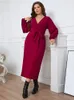 Plusstorlekar Spring och Autumn Vneck Red Long Sleeve Slim Fit Dress Size Elegant Dresses for Women 230727