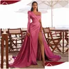 Abiti casual di base Prom Wedding Party Women Evening Elegante Sexy One Shoder Backless Satin Pieghettato Side Split Allentato Lungo Maxi Dr Dh87F