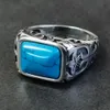 Wedding Rings Real Pure 925 Sterling Silver For Men Blue Natural Crystal Turquoise Stone Mens Ring Vintage Engraved Flower Fine Jewelry 230727