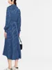 Casual Dresses Women Chain Letter Print Asymmetric Hem Dress with Belt 2023 Fashion Ladies Turn-Down Collar Long Sleeve Midi Robe