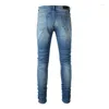 Heren Jeans Arrivals Lichtblauw Slim Fit Gescheurd Streetwear Distressed Skinny Stretch Destroyed Tie Dye Bandana Ribben Patches