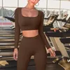 Kvinnors tvåbitar byxor 2 långärmad skörd topp hög midja leggings ribbed mage kontroll sexiga flickor tätt montering yoga uppsättningar för kvinnor