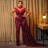 2021 Modest Sequin Jumpsuit Evening Dresses High Collar Sheer Long Sleeve Overskirt Red Carpet Celebrity Gowns339l
