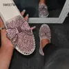 Elbise Ayakkabı Parlak Rhinestone Loafers Kadın Loafers Yay Platformu Kadın Kayma Üzerinde tıknaz gündelik ayakkabılar