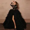Prom Dress 2023 Ruffle Pleats Side Slit Black High Neck Pageant Gown for Special Occasions Lace Beading Top vestido de novia gala228d