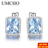 Ear Cuff UMCHO Luxury Nano Sky Blue Topaz Gemstone Clip On Earrings Jewelry Solid 925 Sterling Silver Earrings For Women Birthday Gift 230728