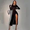 Qnpqyx nowe kobiety czarne aksamitne długie rękawie sukienka midi bokska body bodycon seksowna impreza streetwear eleganckie sukienki jesienne zima