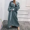 Moslim Satijn Eid Open Abaya Dubai Bubble Mouw Flowy Turkse Jurken Kaftan voor Vrouwen Islamitische Kleding Kimono Femme Musulmane 220316h