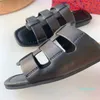 2023 Designer Strip Square Head Slides tofflor Womens Leather Outdoor Simple Retro Open-Toed Sandals Ladys Soft Flat Flip-Flops