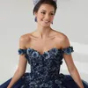 Navy Blue Ball Gown Quinceanera Dresses with Cape Party Applique 3D Flower Tull 16 Princess Gowns Vestido De 15 Anos