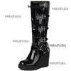 Boots Fashion Retro High Heeled Wedges Women Boots Punk Cool Girl Mid Calf Motorcycle Boots Buckle Stylish Vintage Women Shoes 230728