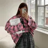 Women's Blouses Pink Plaid Shirts And Tops Women Gingham Casual Long Sleeve Single-Breasted Oversize For 2023 Fall Autumn Blouse