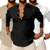 Chemises décontractées pour hommes à manches longues rétro Henry chemise coton mélangé mode col boutonné couleur unie lâche plage T-shirt porter
