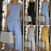 Women's Two Piece Pants Summer Outfits For Women 2023 Cotton Linen Casual Elegant Tracksuit Suit Sleeveless Tops Wide-leg Loose Set Female