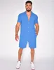 Tute da uomo Uomo Estate Camicia di lino in cotone hawaiano Pantaloncini Tute Moda Colletto a polo Tinta unita Top a maniche corte Coulisse Set a due pezzi