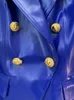 Ternos femininos Jaquetas de couro PU azul com seios duplos Blazer feminino 2023 Leão de botão de metal Slim Fit Artificial Office Blazers