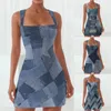 Casual Dresses Women's Summer Fashion Dress Vintage Square Neck Sleeveless Tank Spaghetti Strap Denim Print Fit and Flare Mini