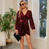 Casual Dresses Long Sleeved Wrap Body Semi Formal Velvet Mini Dress Sexy Cocktail Party Winter Club V Neck Sleeve Women