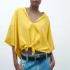 Kvinnors tvådelade byxor 2023 sommarprodukt gul knuten kort skjorta 9479067 Draping Pyjamas Casual Long 9479068