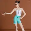 Scene Wear Girls Latin Dance Clothes Kids Samba Rumba Practice ärmlös bodysuit Mint Green Shorts Chacha Dancewear DL10047