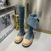 Botlar retro denim tıknaz platform botlar kadınlar için sonbahar patchwork batı tarzı kovboy botları kadın kalın topuklu orta buzağı botas 230728